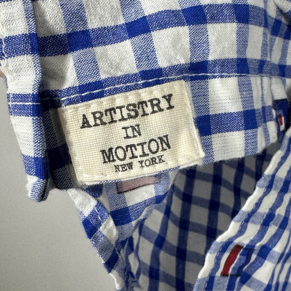 Artistry In Motion Gingham Button Down LS Shirt Blue Flags Print Mens L - Picture 4 of 9